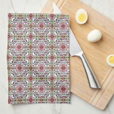 Light Pink and Green Floral Tile Pattern Pretty Kitchen Towel