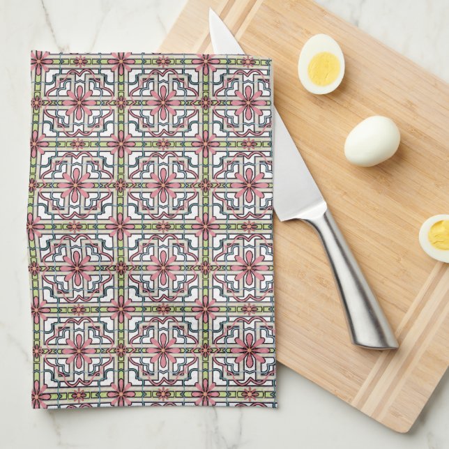Light Pink and Green Floral Tile Pattern Pretty Kitchen Towel (Quarter Fold)