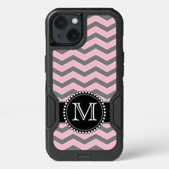 Light Pink And Grey Chevron  Monogrammed Defender Iphone 13 Case by CoolestPhoneCases at Zazzle