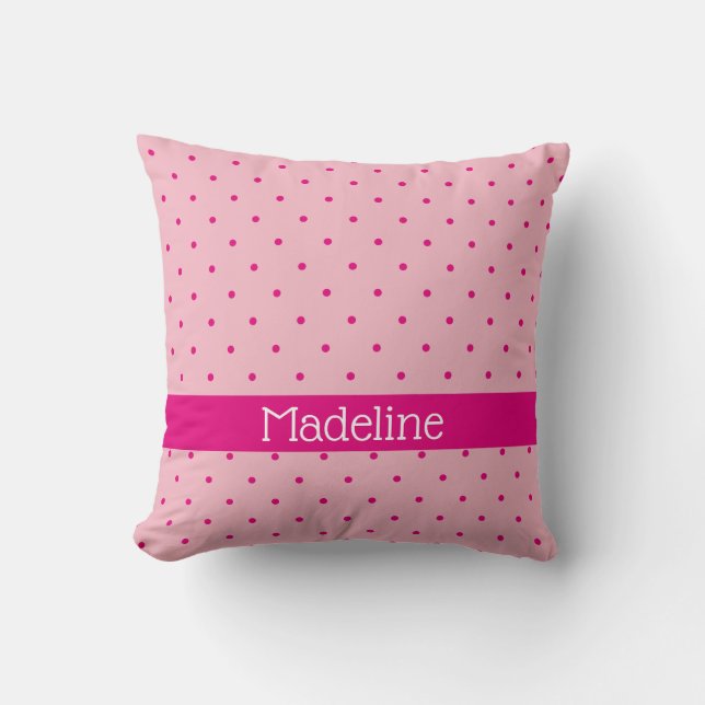Light Pink and Hot Pink Polka Dots Custom Name Throw Pillow (Front)