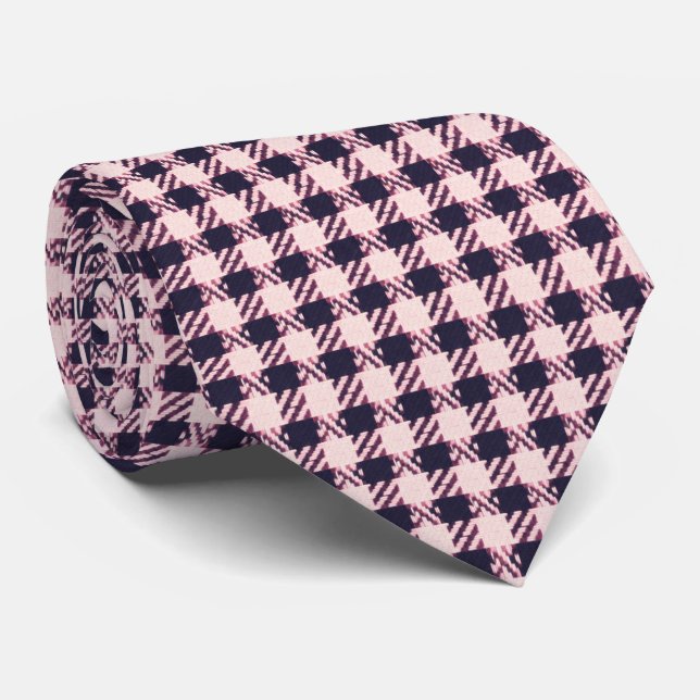 Light pink and navy blue houndstooth  neck tie (Rolled)