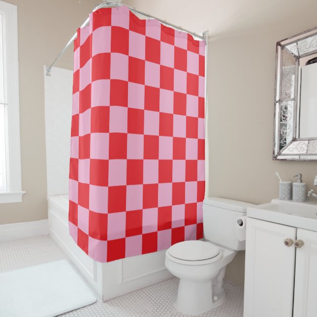 Light Pink and Red Checkered Shower Curtain (In Situ)