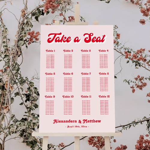 Light Pink and Red Retro Wedding Seating Chart Foam Board