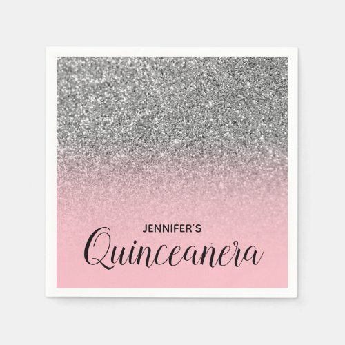 Light Pink and Silver Glitter Ombre Quinceanera Napkins