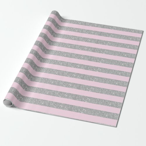 Light Pink and Silver Glitter Stripes Wrapping Paper