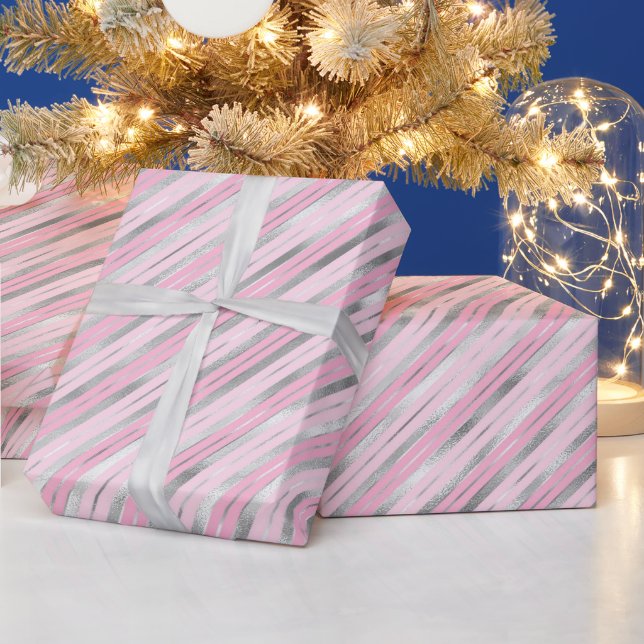 Light Pink and Silver Stripes Wrapping Paper (Holidays)