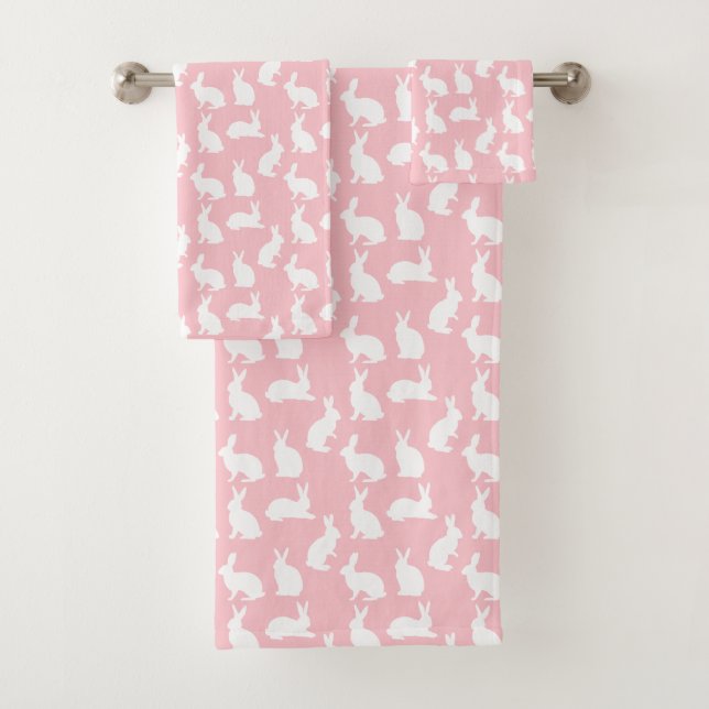 Light Pink And White Bunny Pattern Cute Easter Bath Towel Set (Insitu)