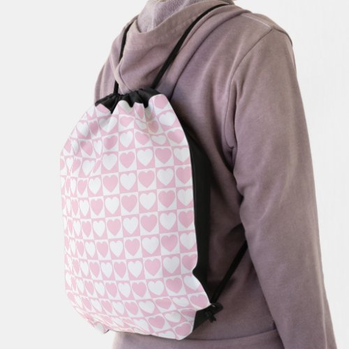 Light Pink and White Checkerboard Heart Pattern Drawstring Bag