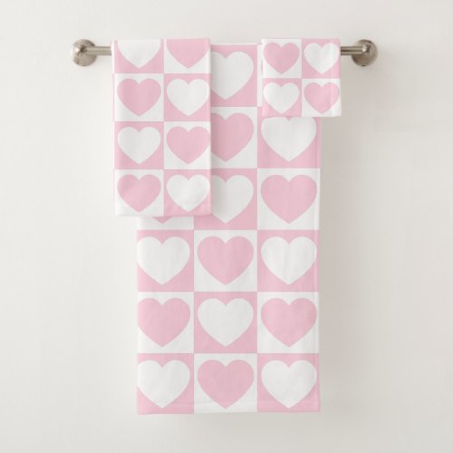 Light Pink and White Checkered Pattern With Hearts Bath Towel Set