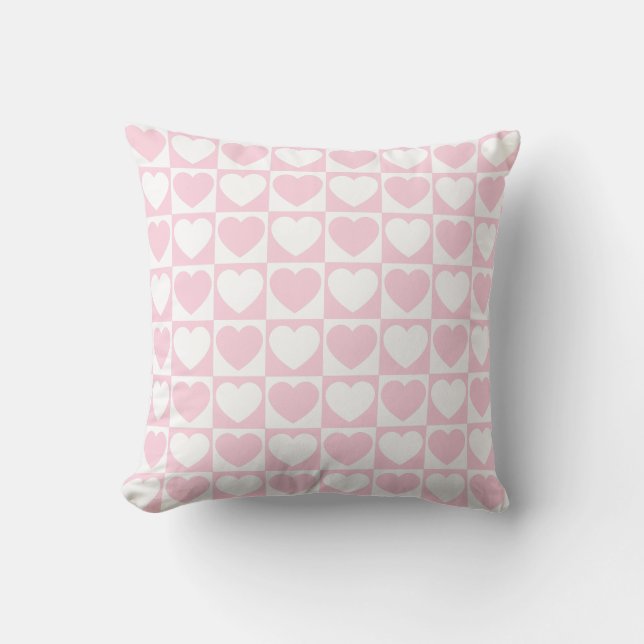 Light Pink and White Checkered Pattern With Hearts Throw Pillow (Front)