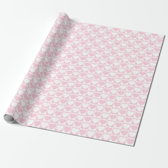 Light Pink and White Checkered Pattern With Hearts Wrapping Paper (Unrolled)