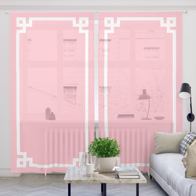 Light Pink and White Greek Key Border Sheer Curtains (Living Room)