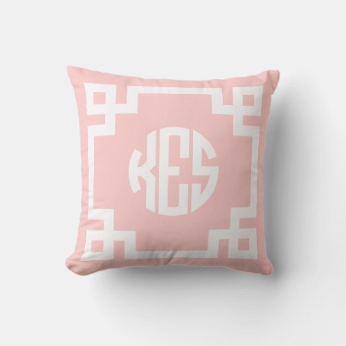 Light Pink and White Greek Key Circle Monogram Throw Pillow