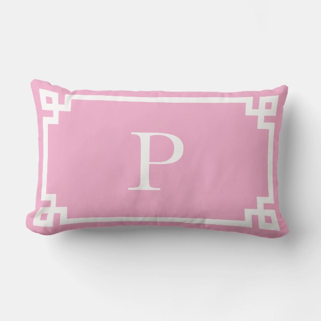 Light Pink and White Greek Key Monogram Lumbar Pillow (Front)