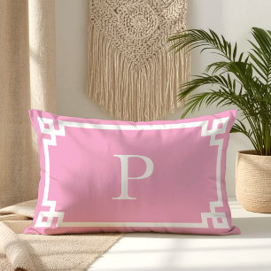 Light Pink and White Greek Key Monogram Lumbar Pillow