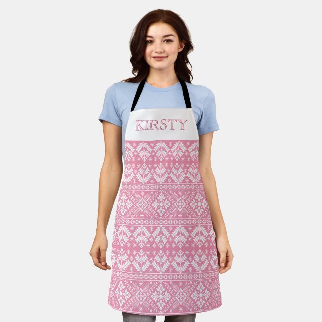 Light Pink and White Winter Fair Isle Christmas Apron (Worn)