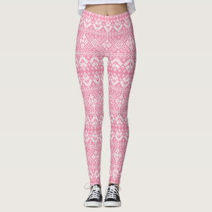Light Pink and White Winter Fair Isle Christmas Leggings