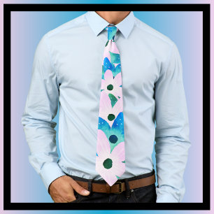 Light Pink Aqua Blue & Turquoise Floral Motif Neck Tie