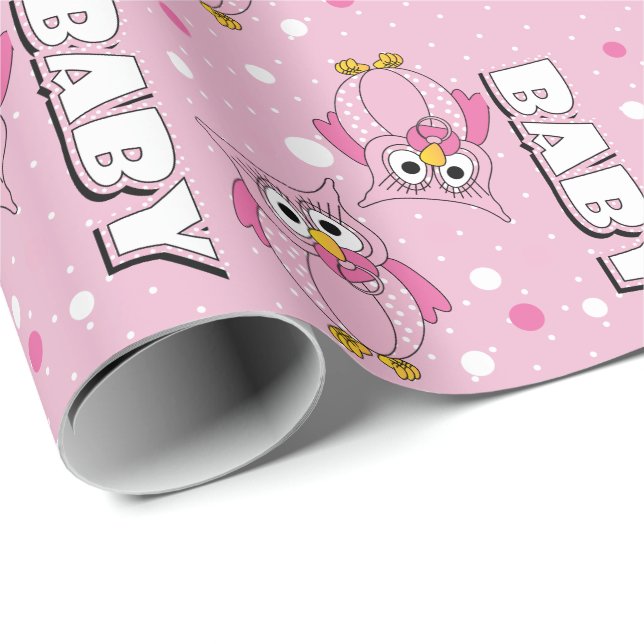 Light Pink Baby Polka Dot Owls Wrapping Paper (Roll Corner)