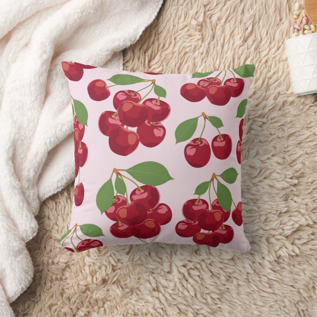 Light Pink Background Red Cherry Pattern Throw Pillow (Blanket)