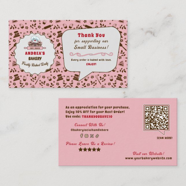 Light Pink Bakery Logo Thank You Business Custom Enclosure Card (Front/Back)
