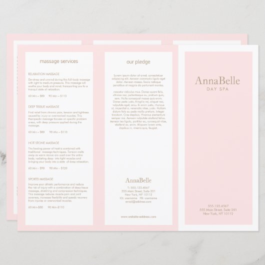 Light Pink Beauty Day Spa Salon TriFold Brochure (Front/Back)