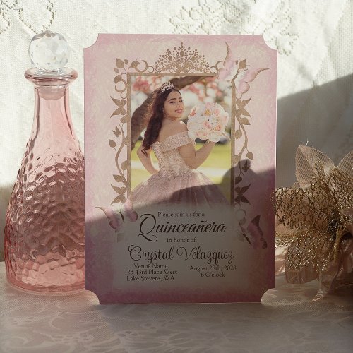 Light Pink Beige Butterflies Ornate Quinceanera Invitation