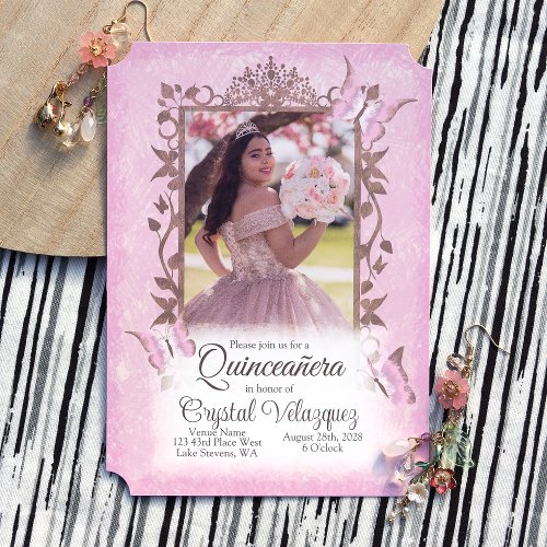 Light Pink Beige Butterflies Ornate Quinceanera Invitation