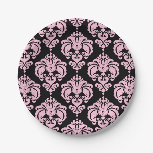 Light Pink  Black Damask Chic Elegant Party Paper Plates