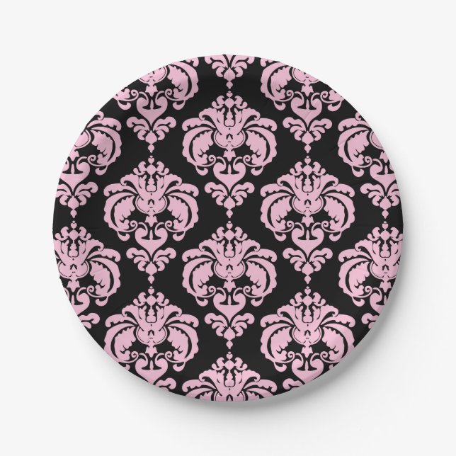 Light Pink & Black Damask Chic Elegant Party Paper Plates (Front)