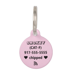 Light Pink Black Text Description Microchip Pet ID Tag