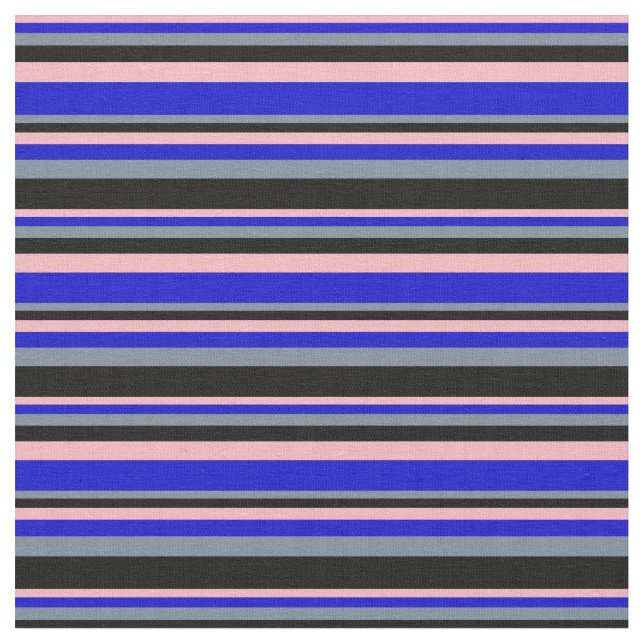 Light Pink, Blue, Light Slate Gray & Black Lines Fabric (Close Up)