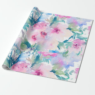 Light pink & blue water colors flowers collage wrapping paper