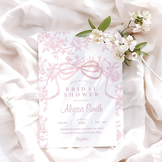 Light Pink Bow and Toile Bridal Shower Invitation (Creator Uploaded)