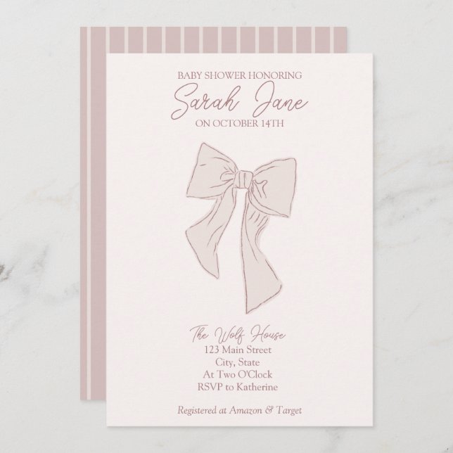 light pink bow drawing baby shower invitation (Front/Back)