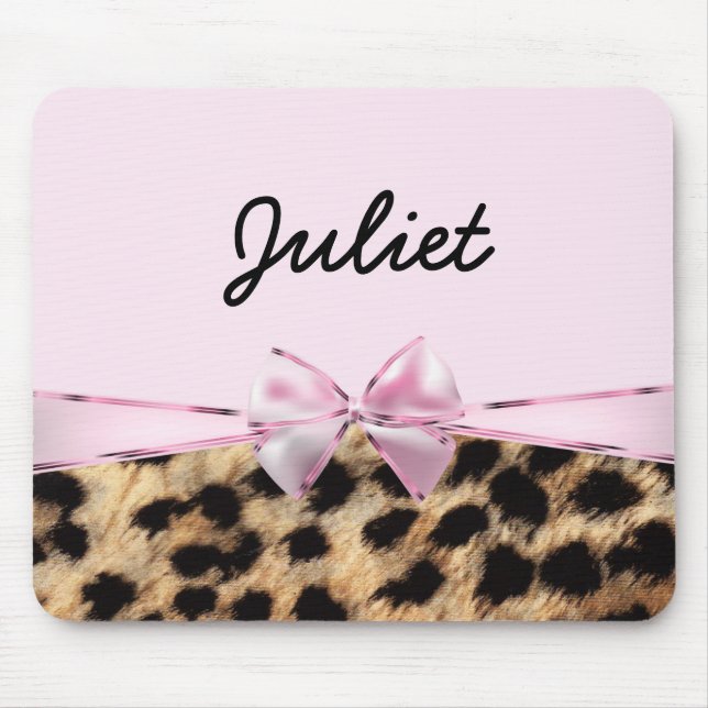 Light Pink Bow & Leopard Cheetah Print Mouse Pad (Front)