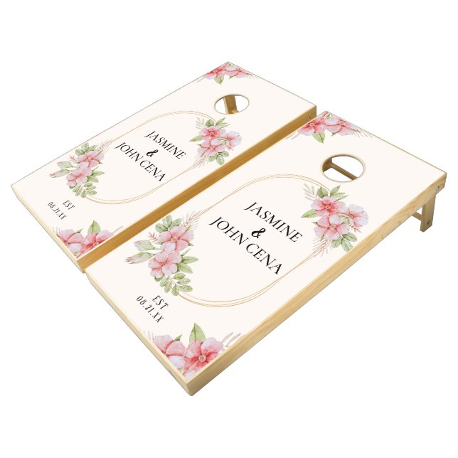 Light Pink Brown Elegant Rustic Wedding Cornhole Set (Angled)