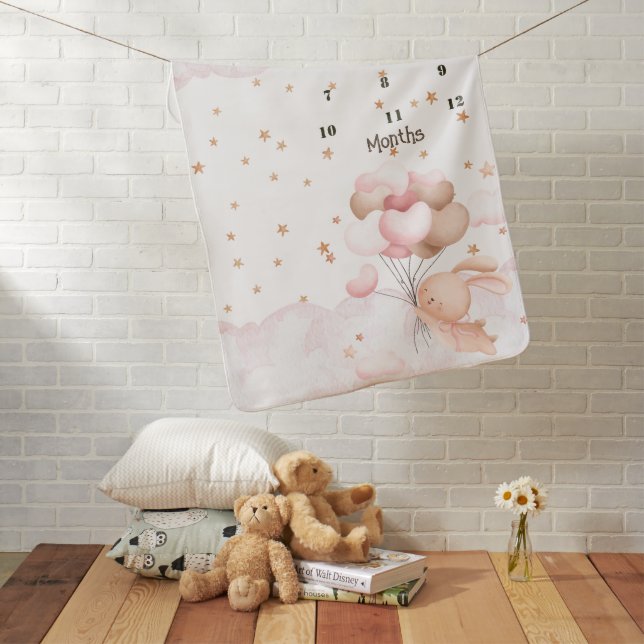Light Pink Bunny Balloons Milestone Baby Blanket (In Situ)