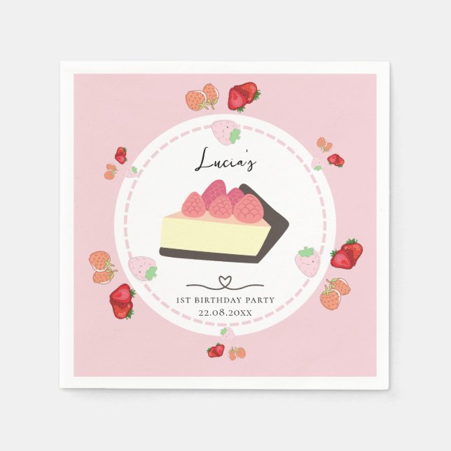 Light Pink Cake & Berry Girl First Birthday Party Napkins (Front)