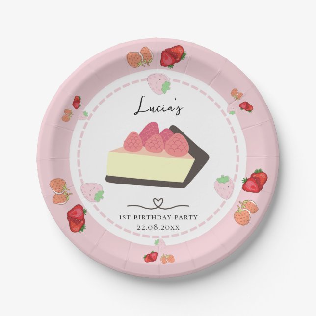 Light Pink Cake & Berry Girl First Birthday Party Paper Plates (Front)