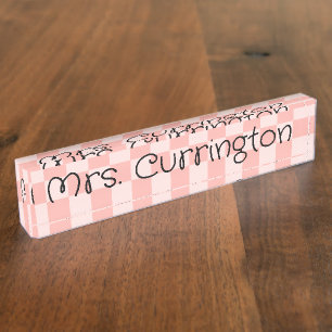 Light Pink Check Monoline Script Teacher Desk Name Plate