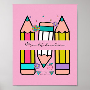 Light Pink Colorful Teacher Cartoon Pencil Poster