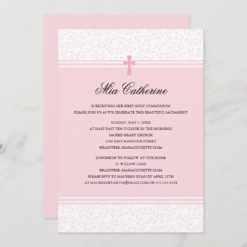 Light Pink Cross First Holy Communion Invitation