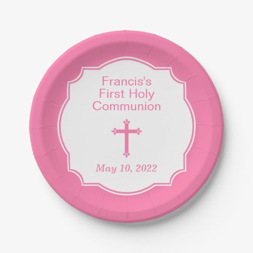Light Pink Cross Girls First Holy Communion Paper Plates