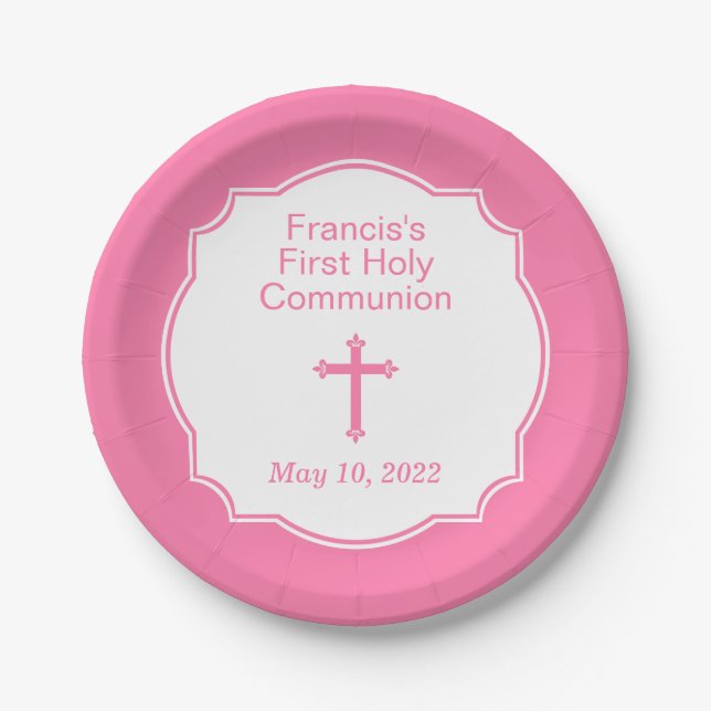 Light Pink Cross Girl's First Holy Communion Paper Plates (Front)