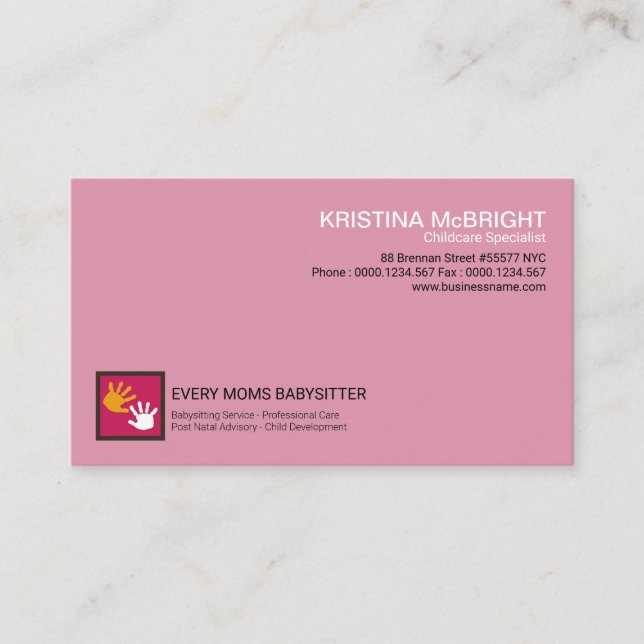 Light Pink Cute Baby Hands Babysitter Business Card (Front)