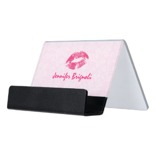 Light Pink Damask And Red Lips Desk Business Card Holder