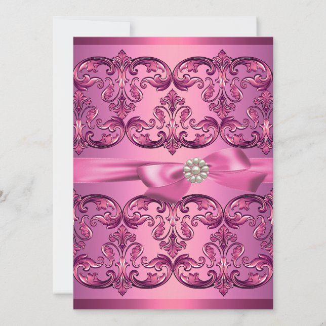 Light Pink Damask & Bow Sweet16 Birthday Invite (Front)