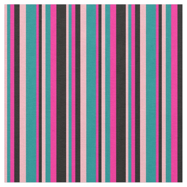 Light Pink, Dark Cyan, Deep Pink, and Black Lines Fabric (Close Up)