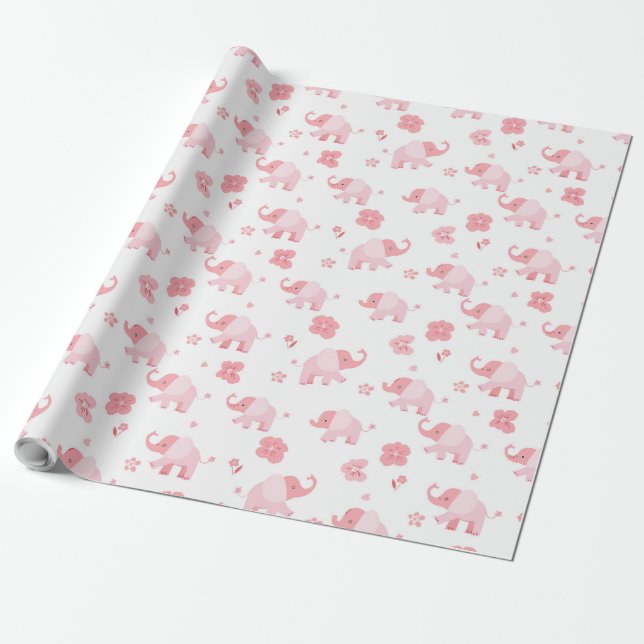 Light Pink Elephants and Pink Flowers Gift Wrap  (Unrolled)